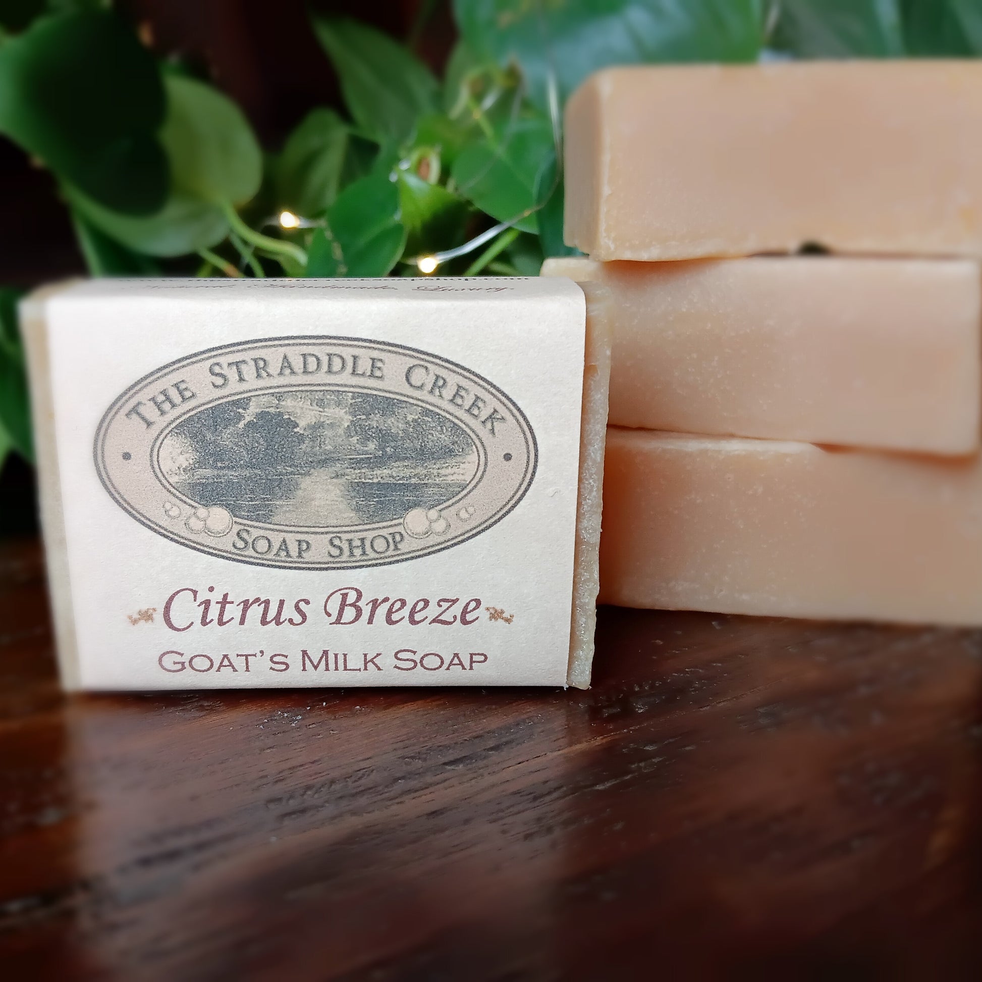 Bar of Citrus Breeze goat's milk soap from The Straddle Creek Soap Shop on a wooden surface.
