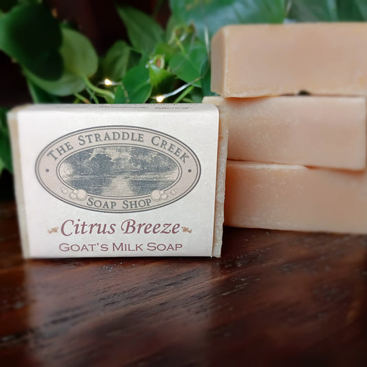 Bar of Citrus Breeze goat's milk soap from The Straddle Creek Soap Shop on a wooden surface.