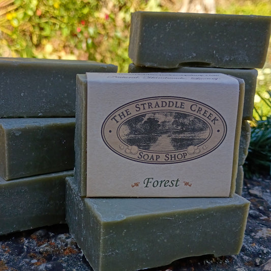 Forest Soap in stacks with a bar labeled