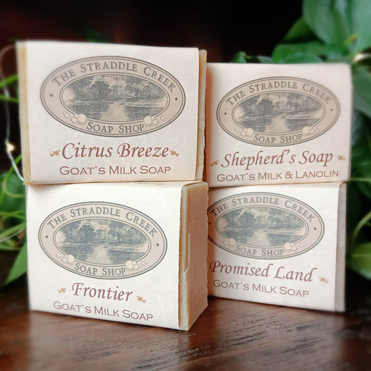 Four bars of Straddle Creek Soap Shop goat's milk soaps