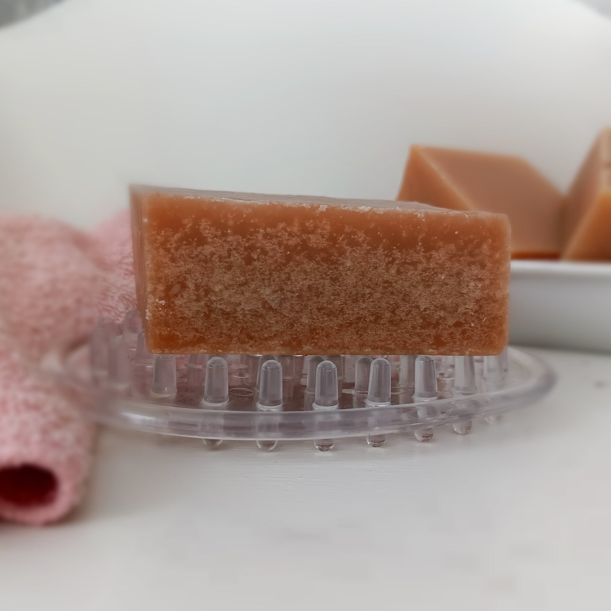 Close-up of Promised Land Goat's Milk and Honey soap on a soap dish