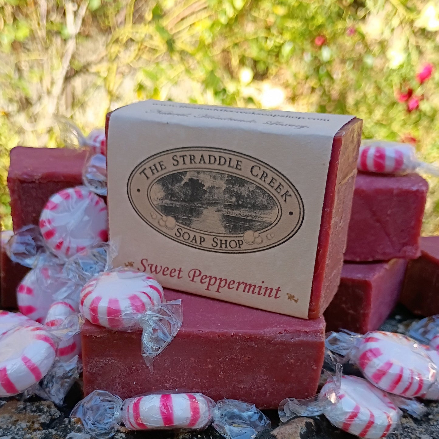 Bar of Sweet Peppermint red soap with peppermint candy mints
