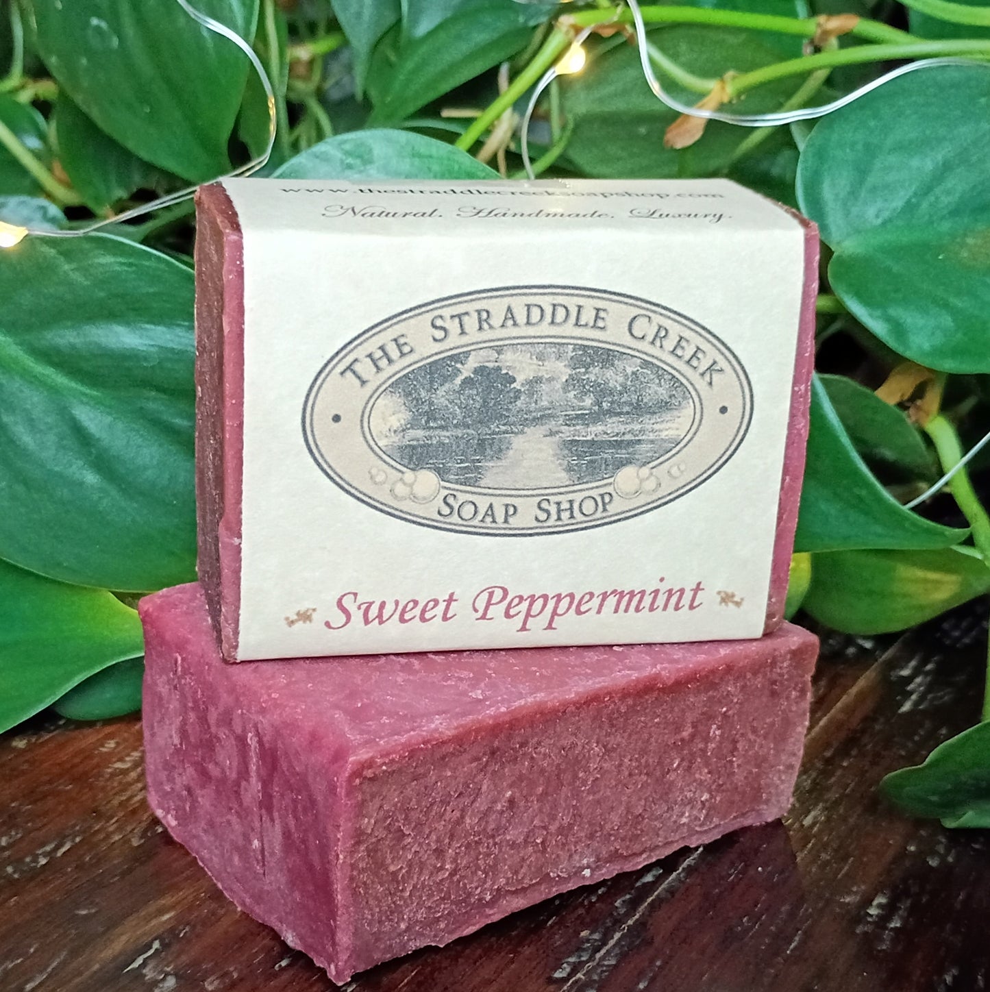 Bar of soap with 'The Straddle Creek Soap Shop' label on a green leafy background