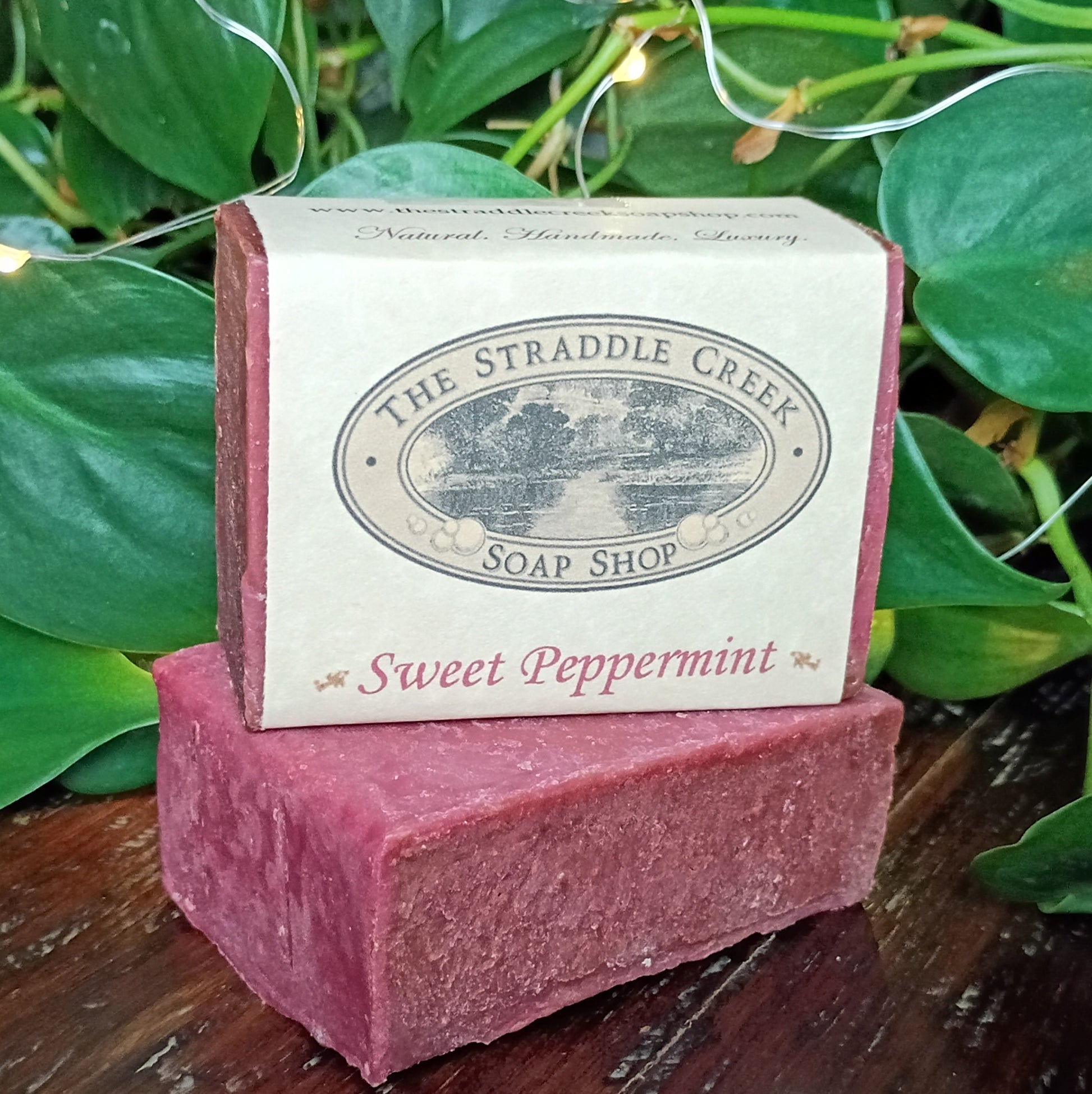 Bar of soap with 'The Straddle Creek Soap Shop' label on a green leafy background