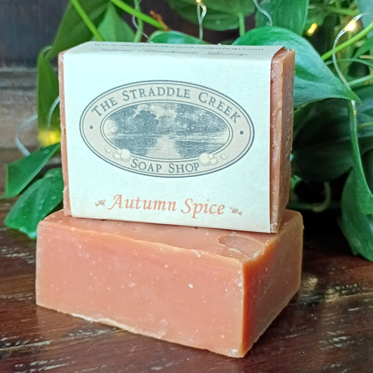 Bar of soap with 'The Straddle Creek Soap Shop' label on a wooden surface with green leaves in the background