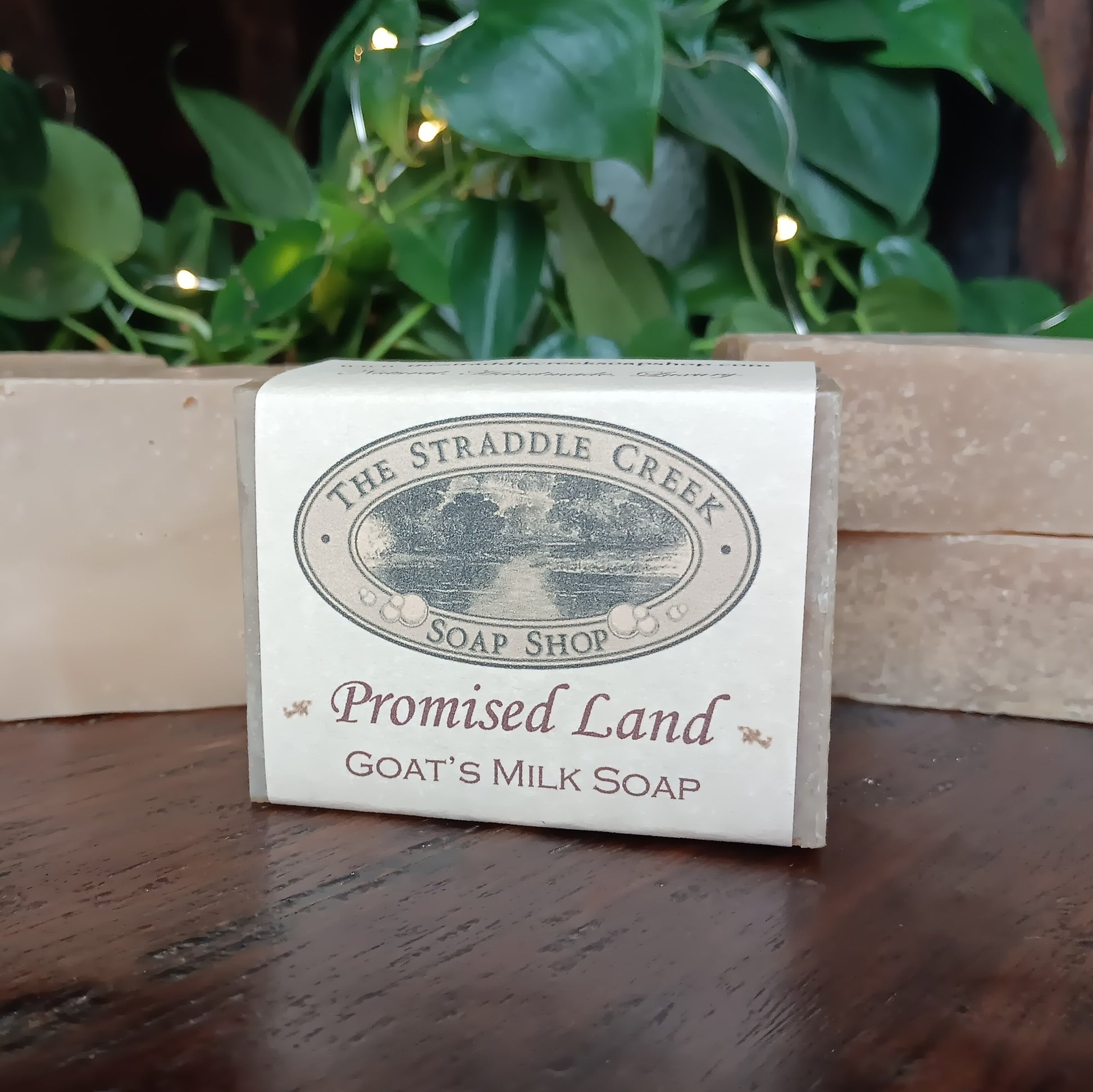 Bar of soap with 'The Straddle Creek Soap Shop' label on a wooden surface with plants in the background