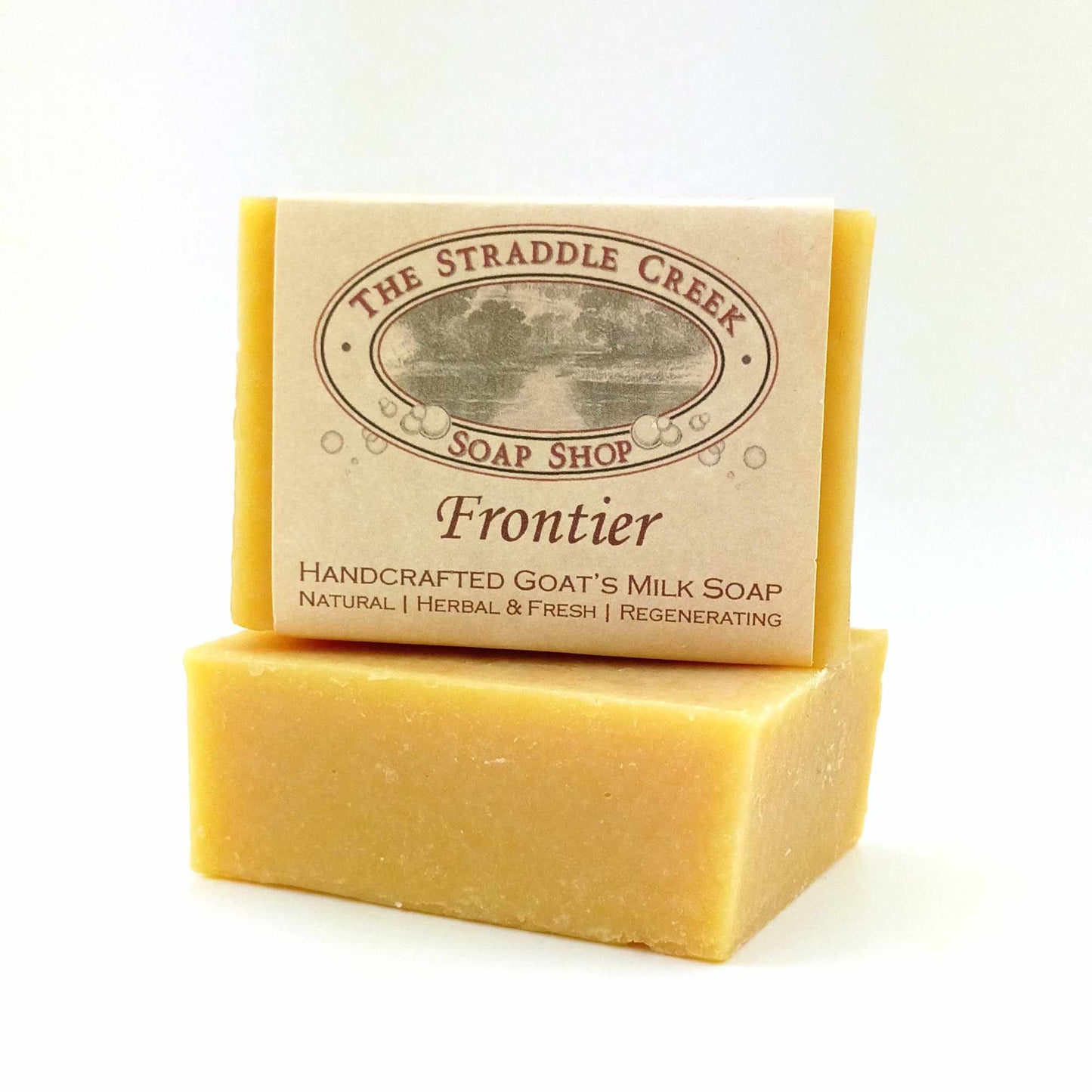 frontier goat's milk soap labeled view with the straddle creek soap shop label visible
