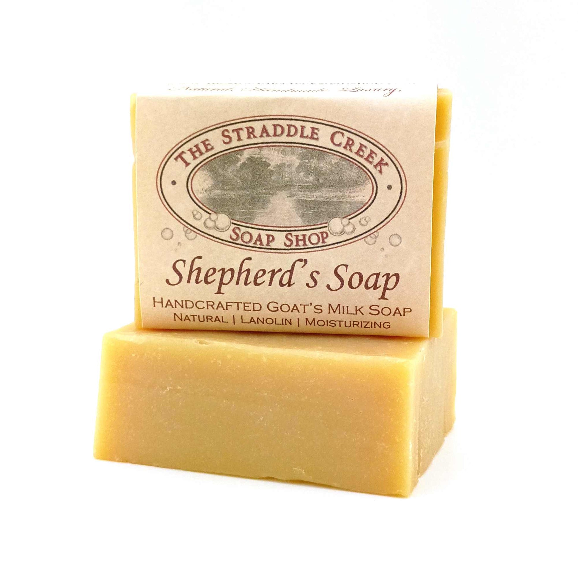 shepherd's soap goat's milk soap with lanolin showing the straddle creek soap shop label