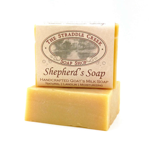 shepherd's soap goat's milk soap with lanolin showing the straddle creek soap shop label